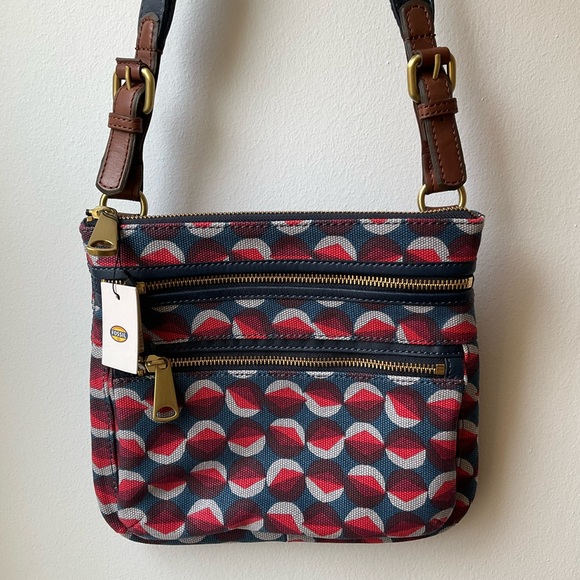 Fossil Handbags - NWT Fossil Explorer Red Blue Crossbody Bag with Retro Wave Design